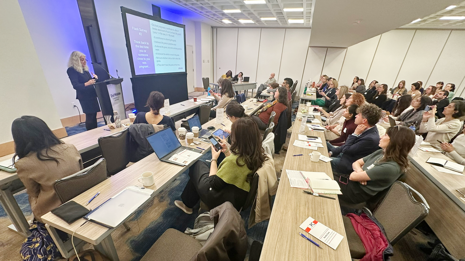 Professor presenting research to an audience of faculty and researchers.