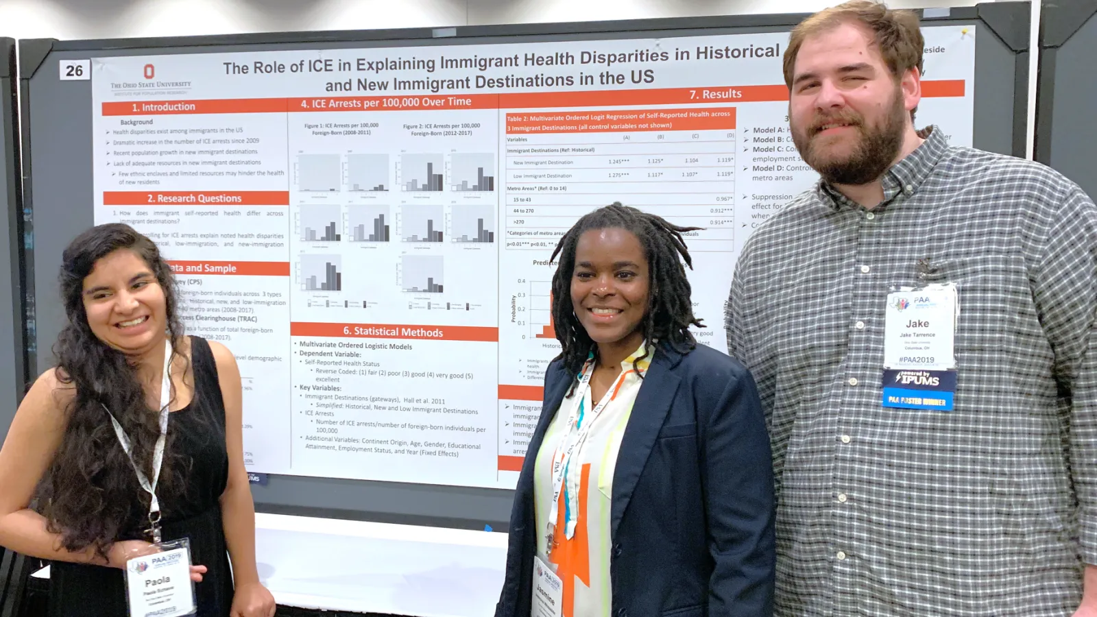 Three students stand by their poster at the 2019 PAA conference